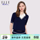 ELLE ACTIVE假兩件針織t恤女士夏季學(xué)院風(fēng)條紋V字翻領(lǐng)顯瘦百搭休閑短袖上衣 寶藍色 L