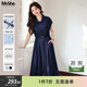 MsShe【巨顯瘦法式連衣裙】大碼女裝2025夏裝胖mm收腰巨遮肚裙子 藏青藍色現貨 3XL
