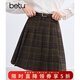 百圖betu女裝冬季新款半身裙高腰毛呢格紋A字百褶裙裙子女2411T68 咖格 L