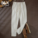 班尼路S&K系列夏季松緊腰直筒棉麻長(cháng)褲男寬松薄款透氣苧麻百搭休閑褲子 白色 2XL 建議145-160斤