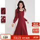 尚都比拉新年紅高級感長(cháng)袖連衣裙女春秋氣質(zhì)方領(lǐng)中長(cháng)款內搭打底赫本風(fēng)裙子