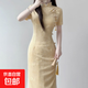 夏季新中式小蜻蜓印花改良旗袍少女款國風(fēng)修身連衣裙氣質(zhì)清冷禮服 黃色 M （95-105斤）
