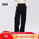 森馬（Semir）休閑褲女春季松緊腰質(zhì)感肌理寬松闊腿工裝褲抽繩女士垂感長(cháng)褲 黑色90001 S