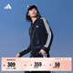 adidas休閑舒適三條紋毛圈布連帽夾克外套女裝秋季阿迪達斯輕運動(dòng)   黑色/白   L