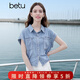 百圖betu女裝夏季新款襯衫舒適棉感上衣牛仔短袖外套女2504D09 淺牛仔藍 L