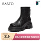 百思圖冬商場(chǎng)新款高跟粗跟女加絨短靴厚底增高馬丁靴F6012DD5 黑色絨里 38