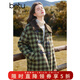 百圖betu女裝冬季新款棉衣翻領(lǐng)仿羊羔毛拼接雙色格子外套2411D02 綠色格 L