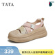 他她（TATA）后空運動(dòng)女涼鞋厚底透氣休閑板鞋女款秋新款CAS01BH4 粉/卡其/金 36