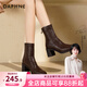 達芙妮高跟短靴女2026秋季新款粗跟單鞋時(shí)尚百搭方頭法式瘦瘦靴馬丁靴女 棕色【6.5cm高跟】 37