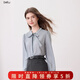 百圖betu女裝秋季新款襯衫飄帶設計細條紋通勤長(cháng)袖上衣女2509T69 灰蘭 L
