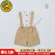 G.duck小黃鴨童裝男童夏季套裝寶寶襯衫背帶褲男童周歲禮服套裝兒童衣服 短袖咖色棉麻套裝 80 適合9-12月(75-85cm)