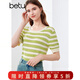 百圖betu女裝夏季新款毛針織衫橫條紋鏤空透氣短袖上衣女2405X11 綠條紋 L