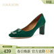 哈森方頭粗跟單鞋女秋季真皮女鞋氣質(zhì)百搭通勤簡(jiǎn)約工作鞋HWL220143 墨綠色 7.5cm 牛皮革 37