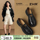 ZHR樂(lè )福鞋女圓頭厚底小皮鞋女山茶花通勤百搭單鞋子 AY297黑色37
