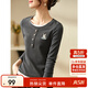 尚都比拉兔子刺繡假兩件圓領(lǐng)長(cháng)袖t恤女春秋外穿顯瘦女裝上衣 深灰色 L 