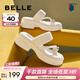 百麗（Belle）休閑人字拖鞋女真皮粗跟增高夾腳涼鞋B1782BT4 米白 39 (245mm)