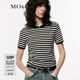 MO&Co.針織衫春夏高比例綿羊毛輕柔捏褶短款條紋薄款上衣摩安珂 白黑條色 S 160