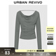 UR2026春季新款女裝格雷系氣質(zhì)蕩領(lǐng)褶皺長(cháng)袖T恤UWG450201 深灰花灰 L