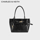 CHARLES&KEITH26春季新品鎖扣褶皺大容量單肩托特包CK2-30782817 NOIR黑色 L