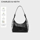 CHARLES&KEITH褶皺油蠟皮手提單肩腋下包女生日禮物送女友CK2-40271360 Noir黑色 M