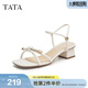 他她（TATA）一字帶高跟涼鞋女時(shí)尚通勤法式粗跟涼鞋秋新7ZO06BL4 米色 37