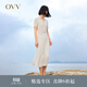 OVV春夏熱賣(mài)女裝復古優(yōu)雅翻領(lǐng)短袖休閑彈力針織連衣裙 米杏條紋14 L