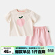 嘟嘟家兒童套裝夏裝女童休閑短袖短褲男童夏季透氣半袖褲子寶寶可愛(ài) 桃子T配粉格子 90