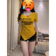 心楠設計感小眾斜領(lǐng)露肩綁帶短袖T恤女夏辣妹短款收腰修身顯瘦上衣 姜黃色M碼【建議90-105斤】