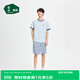 松山棉店萌寵條紋短袖短褲套裝情侶睡衣夏季棉莫家居服男女款寬松 男士-淺藍 2XL （女士175，男士185）