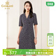 喬萬(wàn)尼v領(lǐng)修身收腰印花碎花連衣裙夏季新款中長(cháng)裙子女裝新款 藍色 XL
