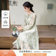 香影新中式綠色印花連衣裙女2026春季新款系帶圓領(lǐng)收腰長(cháng)袖碎花裙 綠色 S