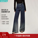 茵曼（INMAN）漸變純棉闊腿牛仔褲2026春季女裝新款休閑百搭高腰寬松長(cháng)褲 深牛仔藍 27