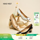 NINE WEST高跟鞋粗跟新款真皮通勤方頭金屬扣女士單鞋 米白 36