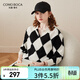 科蒙博卡秋冬翻領(lǐng)羊毛衫女 加厚毛衣時(shí)尚黑白菱形針織衫 黑白 XL