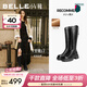 百麗（Belle）顯瘦小V彈力高靴女冬季新款商場(chǎng)同款厚底增高騎士靴 黑色-皮面（絨里） 38