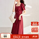 尚都比拉短袖連衣裙女夏季復古赫本風(fēng)氣質(zhì)通勤裙子中長(cháng)款A字裙 紅色 M