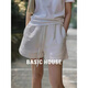 百家好（Basic House）百家好白色亞麻闊腿短褲女夏季抽繩高腰寬松運動熱褲 白色 L