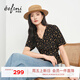 伊芙麗（eifini）朱珠代言系帶收腰設計碎花V領(lǐng)氣質(zhì)法式短袖襯衫女26夏季新款 黑色 黑底黃花 M