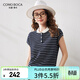 科蒙博卡2024秋季桑蠶絲新款條紋短袖T恤女寬松休閑小衫薄款上衣 藏青色 2XL