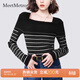 MeetMetro瑪依爾修身顯瘦針織衫女2026春新款撞色打底條紋毛衣 黑色【現貨閃電發(fā)】 S