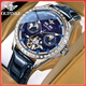 歐品客瑞士認證品牌手表男多功能全自動(dòng)機械表鏤空夜光防水男士手表潮流 Oupinke-3280-藍皮本藍