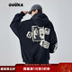 古由卡（GUUKA）美式高街貼布繡衛衣男冬新款潮壞學(xué)生加絨加厚洗毛邊帽衫寬松百搭 黑色 L