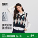 森馬（Semir）長(cháng)袖襯衫女冬季菱形格V領(lǐng)短背心易打理襯衣俏皮學(xué)院風(fēng)兩件套 藍紅色調00386 M