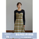獨束大碼女裝【小森林格紋系列】拼接連衣裙女秋冬新款胖mm顯瘦絲絨裙 黑拼格紋長(cháng)款 2XL