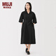 MUJI女式 易干平紋七分袖連衣裙女裝裙子25年秋季連身裙 BC2NSC5A 黑色 L （165/88A）