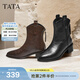 他她（TATA）女鞋靴子秋冬時(shí)裝靴粗跟復古西部靴彈力短靴 黑色 38