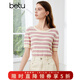 百圖betu女裝夏季新款毛針織衫橫條紋鏤空透氣短袖上衣女2405X11 粉條紋 L