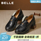 百麗（Belle）復古流蘇抓皺羊皮樂(lè )福鞋女2026春新柔軟粗跟通勤單鞋B2988AA6 黑色 37 (235mm)