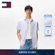TOMMY JEANS【棉麻混紡】春夏男裝休閑海邊度假風(fēng)細條紋短袖襯衫外套 淺藍白條紋0A8 M