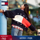 TOMMY JEANS【寬松燈籠袖】秋冬女學(xué)院純棉后背醒目撞色V領(lǐng)針織開(kāi)衫外套 藏青白紅拼色C1G XS （推薦：100斤以下）